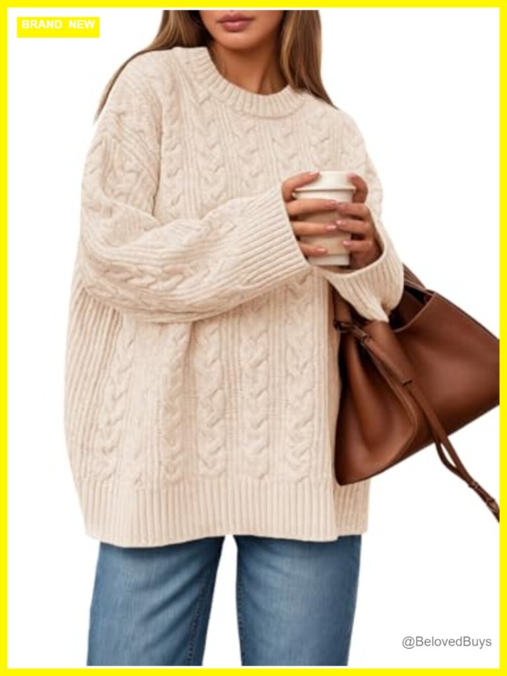 Cable Knit Sweater Oversized Long Sleeve Chunky Crew Neck Pullover Top